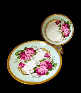 Foley Cabbage Roses Green Teacup And Saucer Wide Mouth