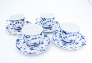 4 Cups & Saucers 1035 - Blue Fluted Royal Copenhagen Full Lace - 4th Quality