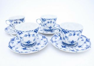 4 Cups & Saucers 1035 - Blue Fluted Royal Copenhagen Full Lace - 4th Quality 3
