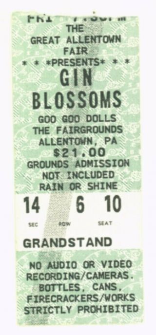 The Gin Blossoms & Goo Goo Dolls 8/30/96 Allentown Pa Fairgrounds Ticket Stub