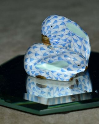 Fine Herend Bunny Rabbits Blue Fishnet - Porcelain Figurine W/gold -