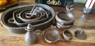 Vtg Chilean Pomaireware Clay Pottery Baking Dish Fish Bowls Spoons Cruet Cups