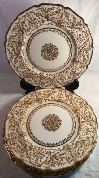 (5) Antique Royal Doulton Gold & White Dinner Plates - 10.  5 " Diameter