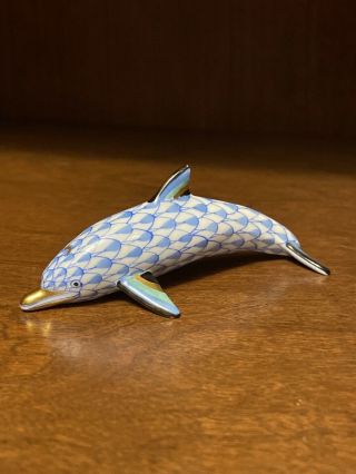 Herend Dolphin Figurine,  Blue Fishnet,  Handpainted W/ Gold Trim – 15397 – 3”