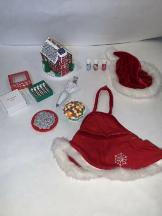 American Girl Doll Christmas Holiday Apron Hat Gingerbread House Candy Canes Sey