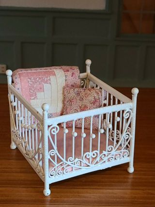 Dollhouse Miniature Adorable Metal Wicker Play Pen With Artisan Small Quilt