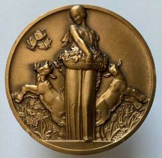 France - Jean Vernon Bronze Art Medal Girl With Sheeps,  57 Mm,  84 Gr
