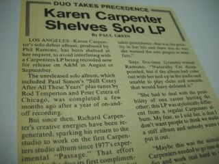 Karen Carpenter Shelves Solo Lp 1980 Detailed Music Biz Trade Article