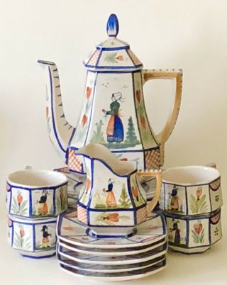 Vintage Quimper Henriot Tea Dessert Set Tea Coffee Pot Creamer 4 Cups 4 Plates