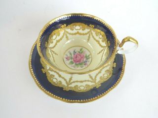 Stunning Aynsley Cobalt Blue Tea Cup & Saucer Pink Rose Heavy Gold Swags
