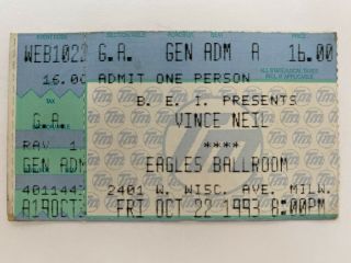 Vintage Vince Neil (motley Crue) Concert Ticket Stub 1993 Very Rare Milwaukee