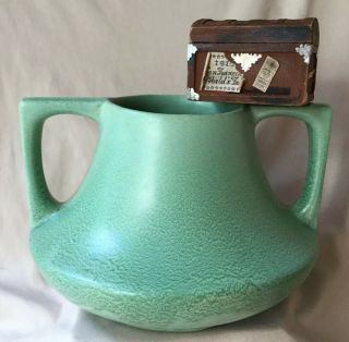 Vtg Art Deco Haeger Pottery 2 Handle Vase Geranium Green Glaze Teco Style Wow