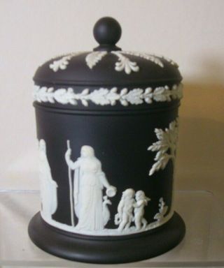 Wedgwood England White On Black Jasperware Olympus Round Lidded Jar