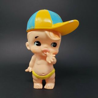 Vintage Ninohira Doll 7.  5 " Toddly Toys Boy In Blue And Yellow Hat Rubber Japan