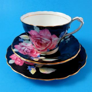Huge Pink Rose On Black Paragon Cup,  Saucer And Plate Trio (different Stamps)