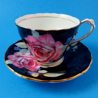 Huge Pink Rose on Black Paragon Cup,  Saucer and Plate Trio (different stamps) 2