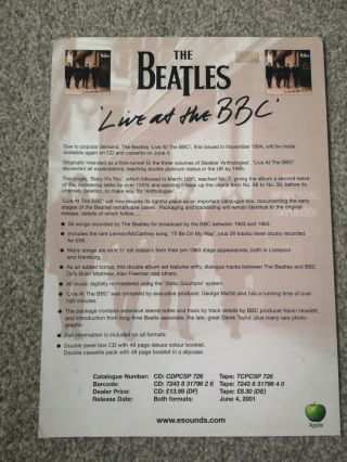 Official The Beatles Live At The Bbc Promo Flyer For Album Release