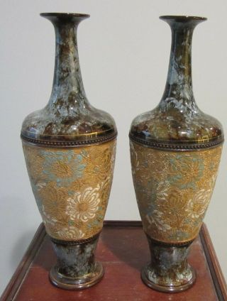 Pair Doulton Lambeth Slaters Gilt Floral Stoneware Bottleneck Vases 1895 15 In