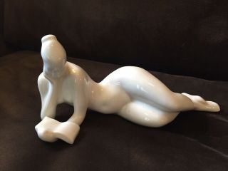 Royal Dux White Porcelain Reclining Nude Woman Reading Great Design