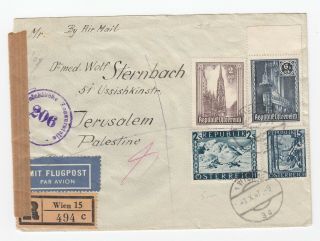 Austria Old Airmail Registered Cover Sent To Jerusalem Palestine Censor 1947