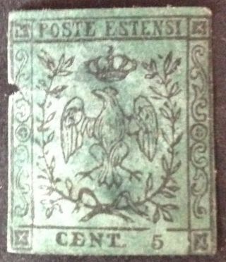 Modena 1852 5 Cent Green Stamp With Fault At Side