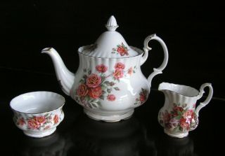 Royal Albert Centennial Rose Full Size Teapot,  Creamer & Sugar Bowl Tea Set