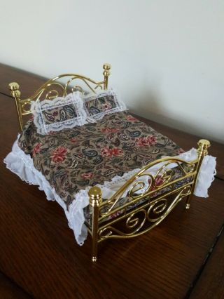 Miniature Dollhouse Brass Bed With Mattress And Bedding