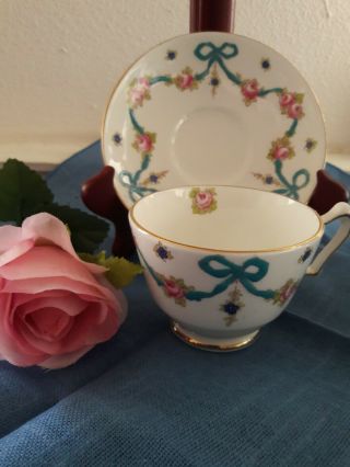 Crown Staffordshire " Blue Bows " Vintage Teacup And Saucer.  Made In England.