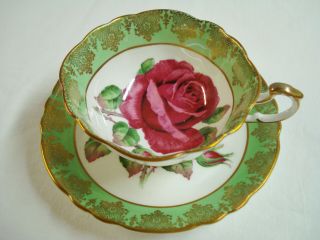 Paragon Teacup Saucer Floating Large Cabbage Rose Green Cup Gold Lattice