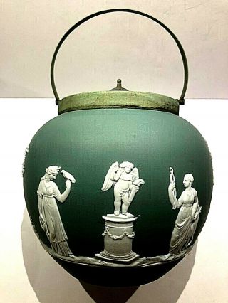 C.  1850 Wedgwood Jasperware Sage Green " Biscuit Barrel " Large 9 " X6 " Sacrifices