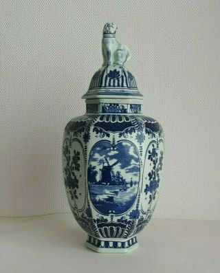 Delft Vase With Lid - Ginger Jar Foo Dog By Boch Royal Sphinx Holland
