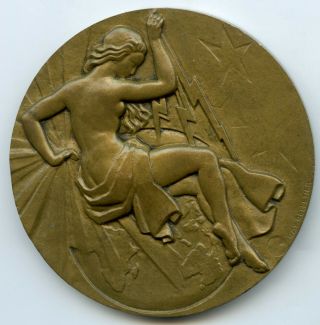 France Bronze Art Deco Medal Union Of Electrical Construction By Pelletier 67mm