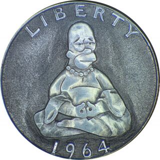 Hobo Nickel Style,  Engraved On A Silver Quarter.  Buddha,  Homer.  Ohns Rm 1636