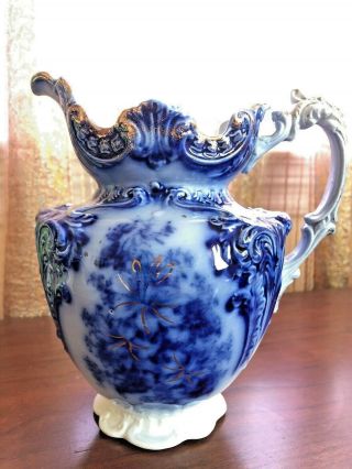 Antique Wood & Son England Pitcher Royal Semi Porcelain Flow Blue Gold Trim Rare