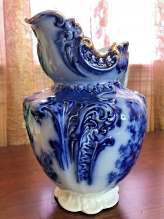 Antique Wood & Son England PITCHER Royal Semi Porcelain Flow Blue Gold Trim Rare 3