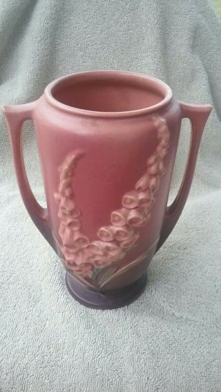 Vintage Roseville Pottery Foxglove Double Handle Vase 45 - 7 " Pink & Maroon Minty