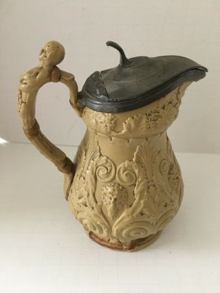 Antique Ridgway ? Drabware Bacchus Syrup Pitcher With Pewter Lid,  6”