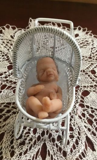 1 3/4 " Ooak Polymer Clay Baby Doll W/ Vintage White Metal Baby Buggy Carriage