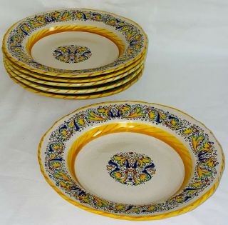 6 Italy Meridiana Ceramiche Art Pottery 8 1/2 " Flat Rim Soup Bowls