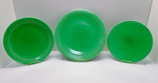 3 Vintage Fiesta Ware Hlc Green Fiestaware Platters Cake Plates 14.  25 " 11 " & 12 "