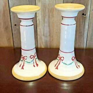 Nicholas Mosse Ireland Pottery Swag And Bow Ribbons 7 " Pair Candlestick Holders