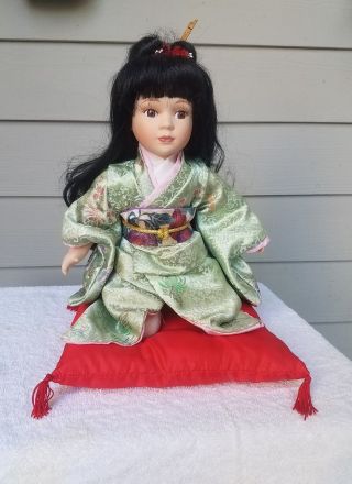 Porcelain Asian Little Girl In Kimono Long Black Hair W/painted On Face