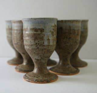 Vintage 1970s Wine Goblets Pottery Handmade Stoneware Glasses Artisan Chalice 6