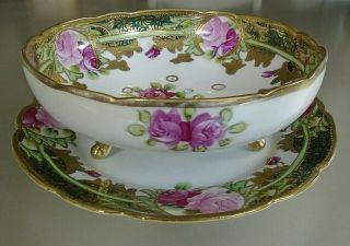 Vintage Nippon Footed Hand Painted Pink Roses & Gold Accents Berry Bowl