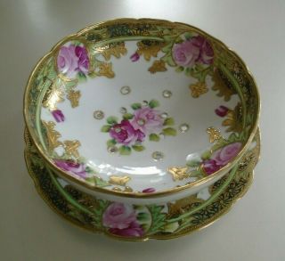 Vintage Nippon Footed Hand Painted Pink Roses & Gold Accents Berry Bowl 2