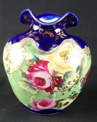 Vintage Nippon Hand Painted Cobalt Blue & Gold Floral Roses Ruffled Edge Vase