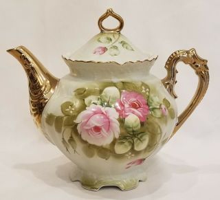 Vintage Lefton Heritage Green Teapot 792 Hand Painted Green Pink Roses Gold
