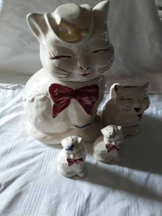 Vintage 4 Pc Set Shawnee Puss N Boots Cookie Jar,  Pitcher & Shakers Cats Usa