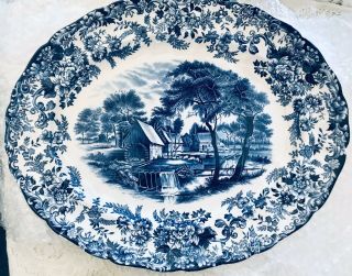 Oval Serving Platter Millstream Blue By Johnson Brothers Rare 15 1/2 " X 13”