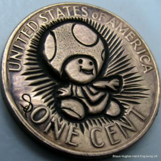 Toad キノピオ Hand Carved 1973 US Cent by Shaun Hughes Nintendo Hobo Nickel 2